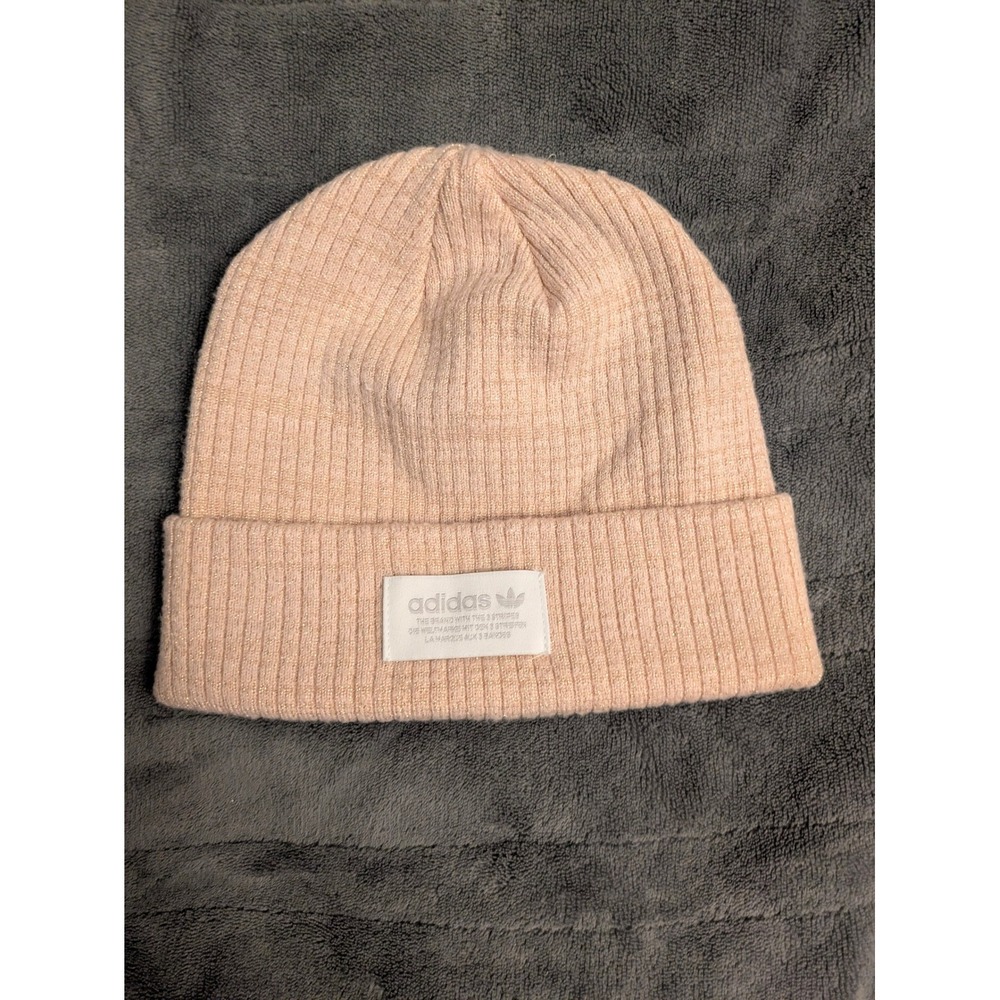Adidas Originals Women Peach Pink Gold Metallic Shimmer Ribbed Knit Beanie Hat
